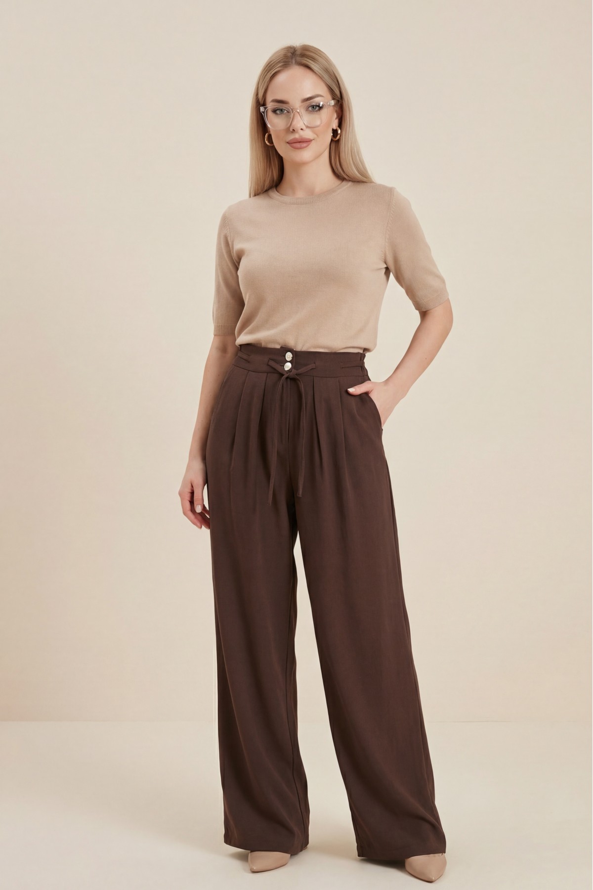 Beli Bağcıklı Çift Düğmeli Yüksek Bel Tensel Pantolon  -Kahve