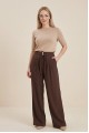 Beli Bağcıklı Çift Düğmeli Yüksek Bel Tensel Pantolon  -Kahve