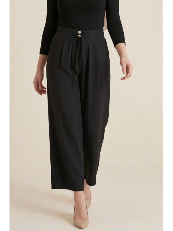 Beli Bağcıklı Çift Düğmeli Yüksek Bel Tensel Pantolon  -Siyah