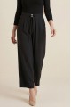 Beli Bağcıklı Çift Düğmeli Yüksek Bel Tensel Pantolon  -Siyah