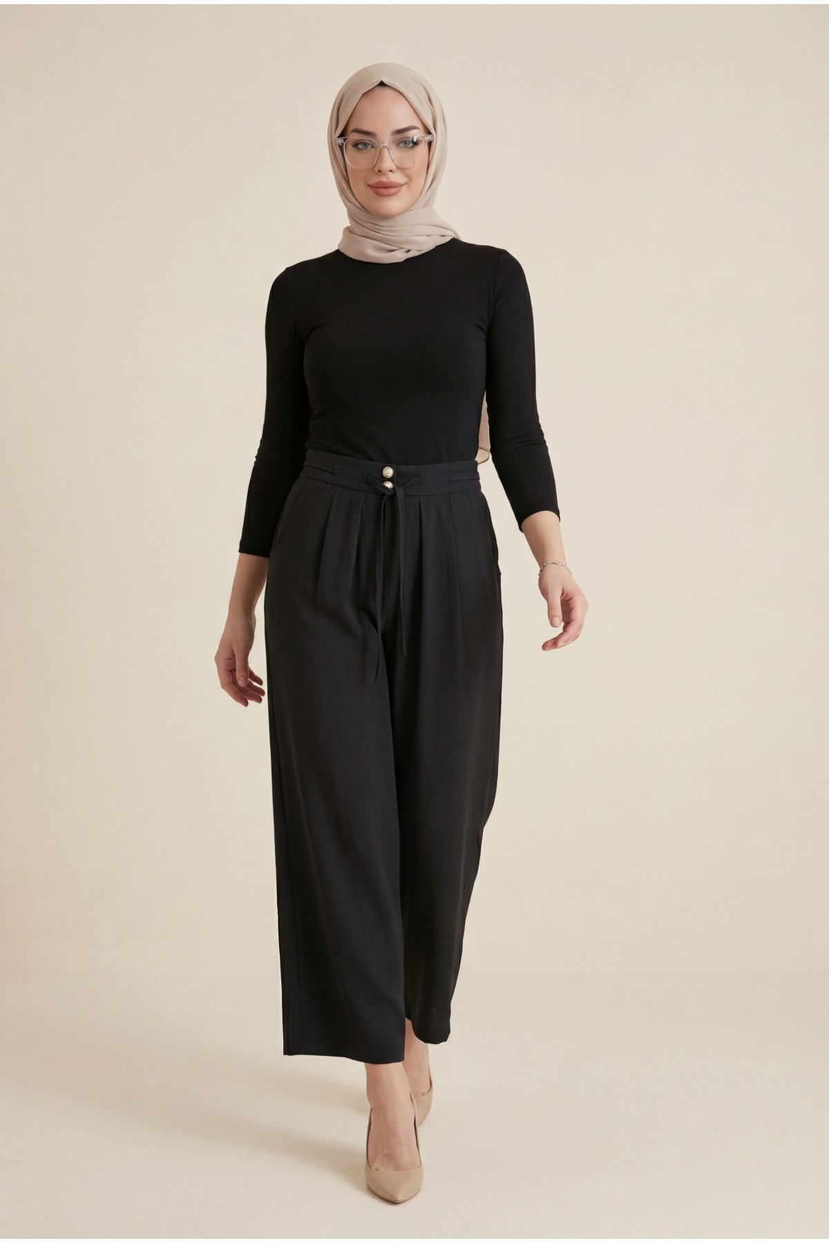 Beli Bağcıklı Çift Düğmeli Yüksek Bel Tensel Pantolon  -Siyah
