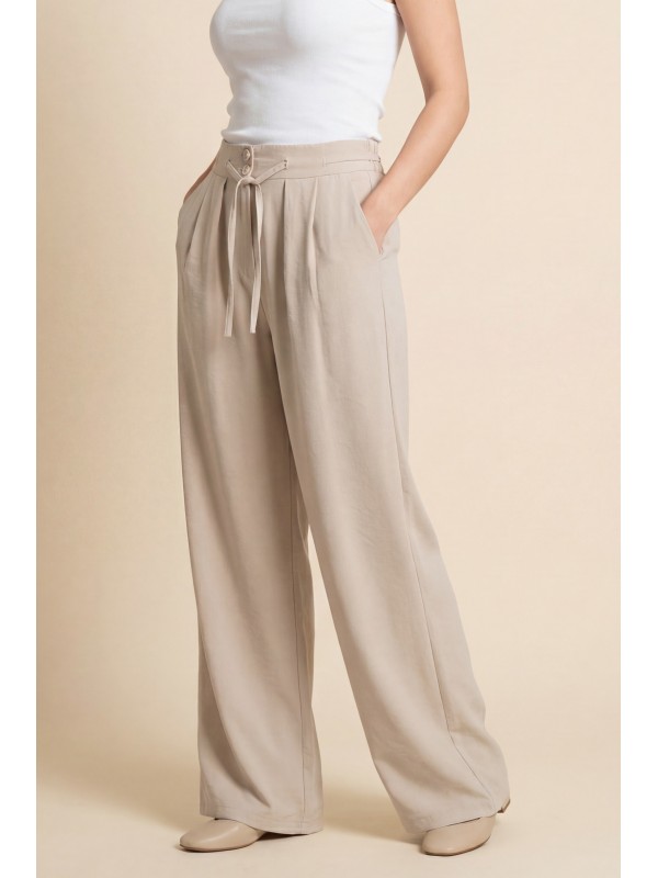Beli Bağcıklı Çift Düğmeli Yüksek Bel Tensel Pantolon  -Taş
