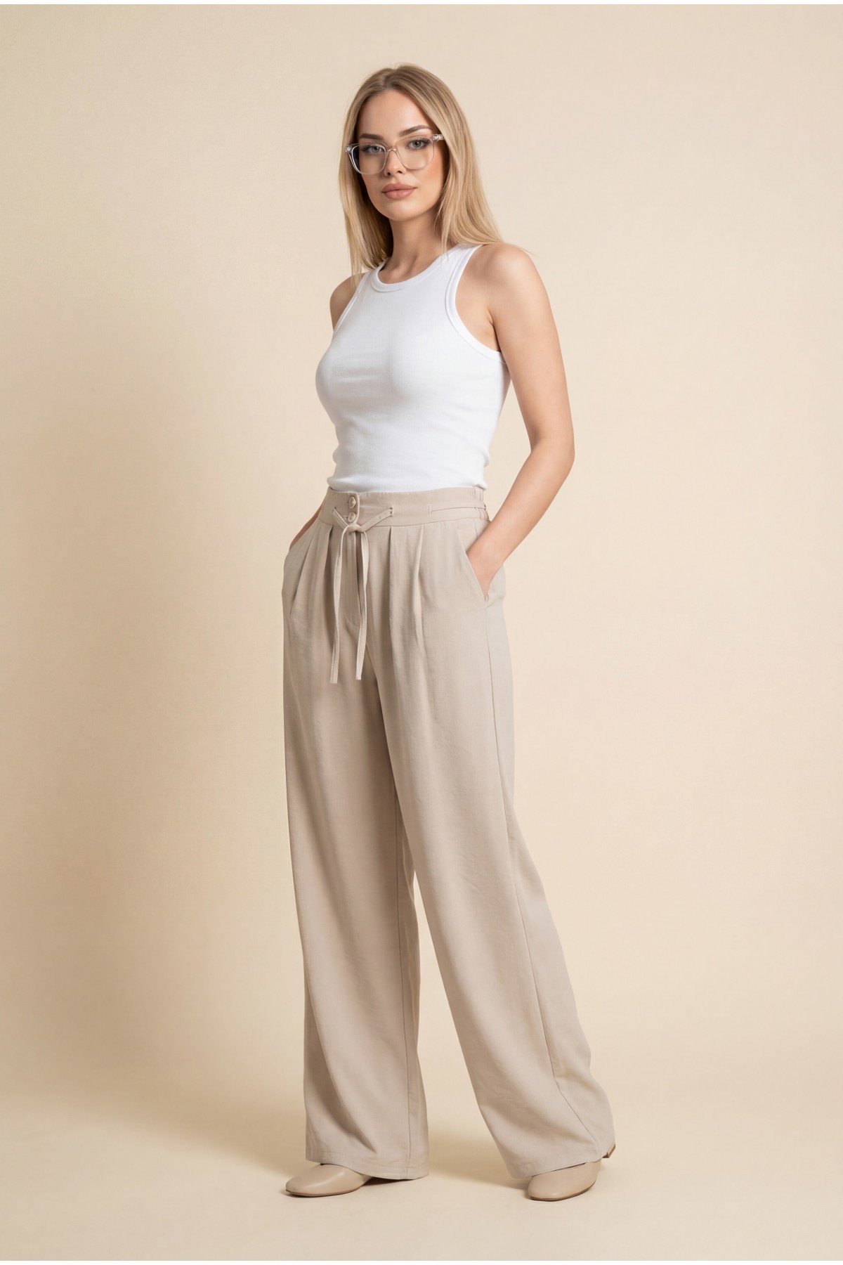 Beli Bağcıklı Çift Düğmeli Yüksek Bel Tensel Pantolon  -Taş