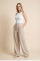 Beli Bağcıklı Çift Düğmeli Yüksek Bel Tensel Pantolon  -Taş