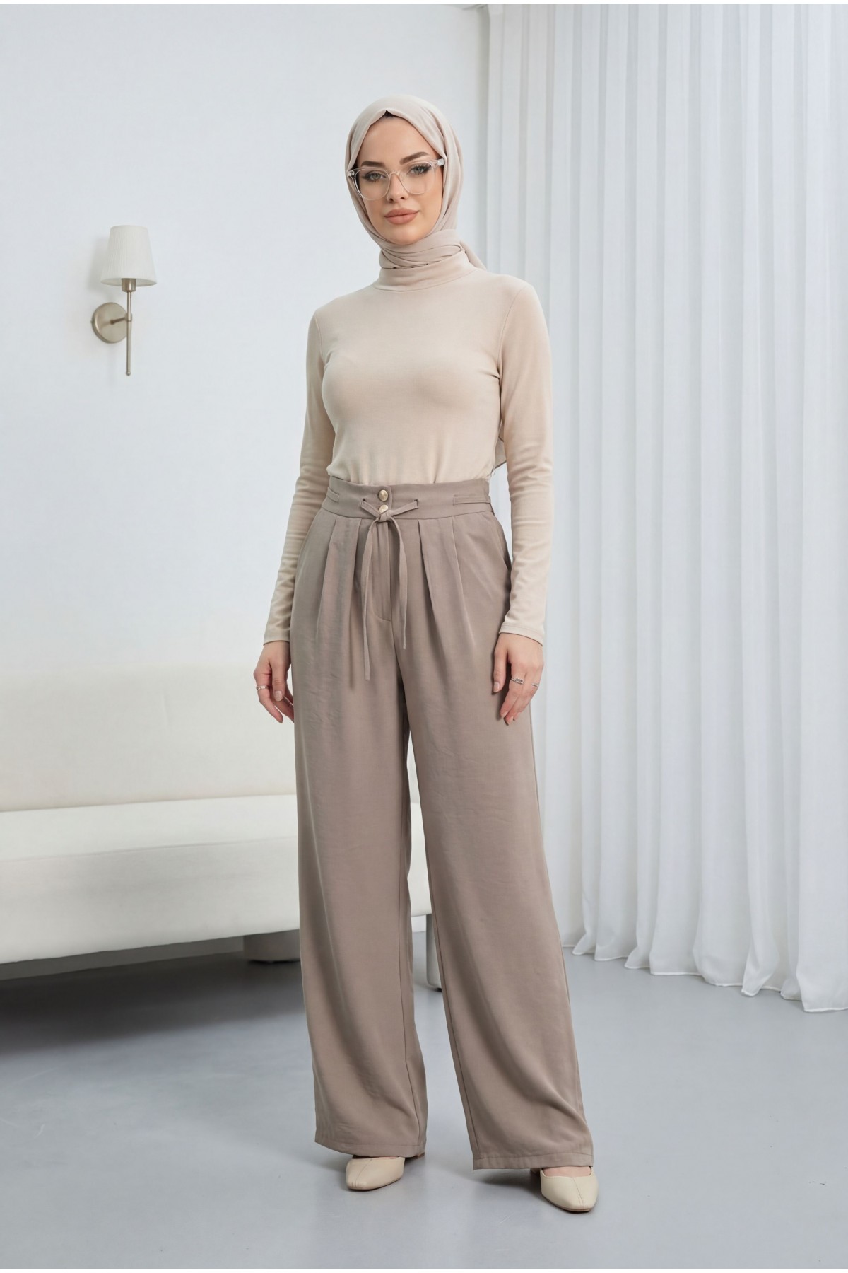 Beli Bağcıklı Çift Düğmeli Yüksek Bel Tensel Pantolon  -Vizon