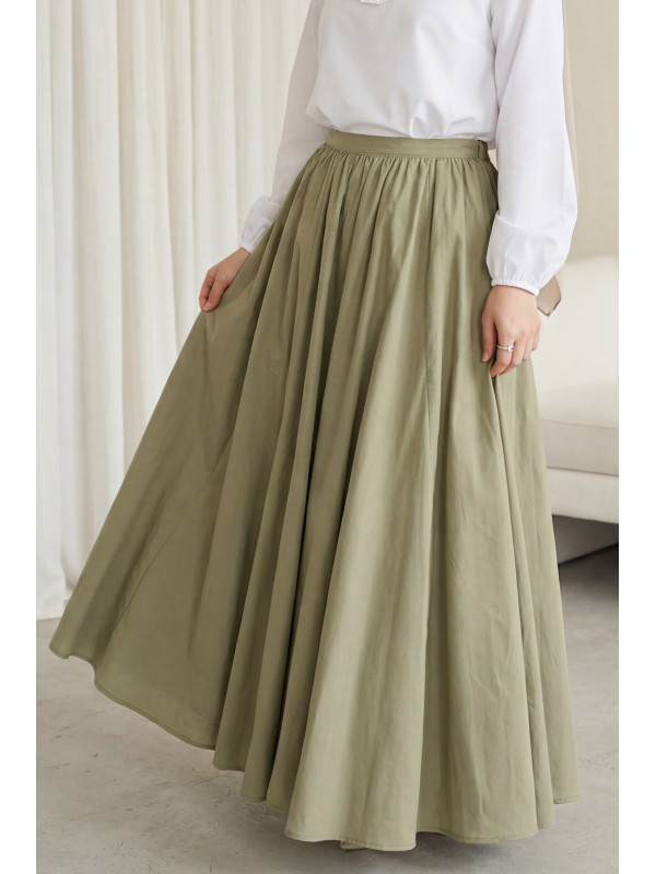 Fermuarlı Astarlı Yazlık Kloş Keten Etek -Haki