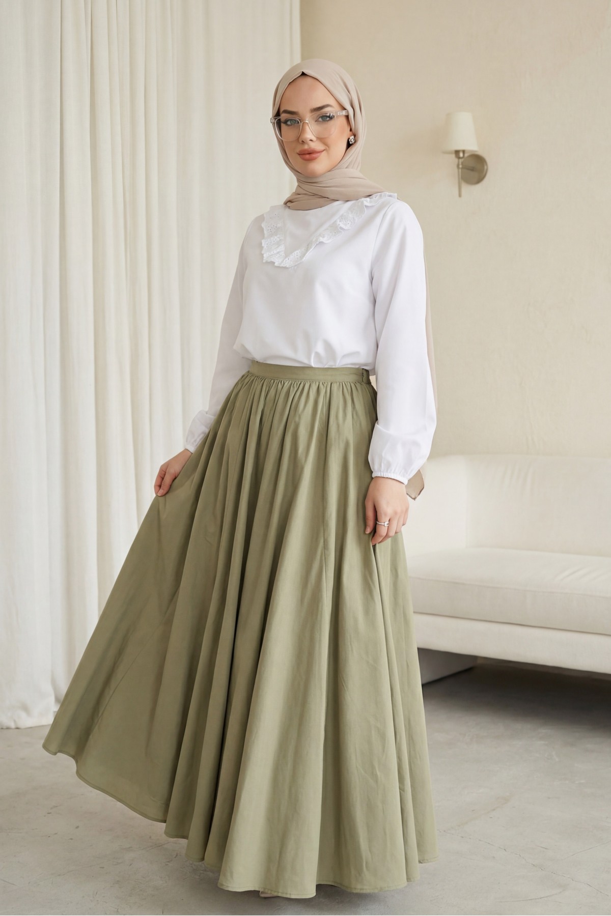 Fermuarlı Astarlı Yazlık Kloş Keten Etek -Haki