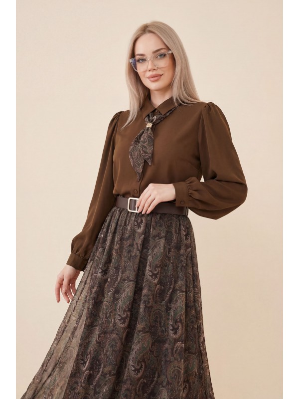 Boydan Düğmeli Kolları Büzgü Detay Eteği Etnik Desenli Takım  -Kahve
