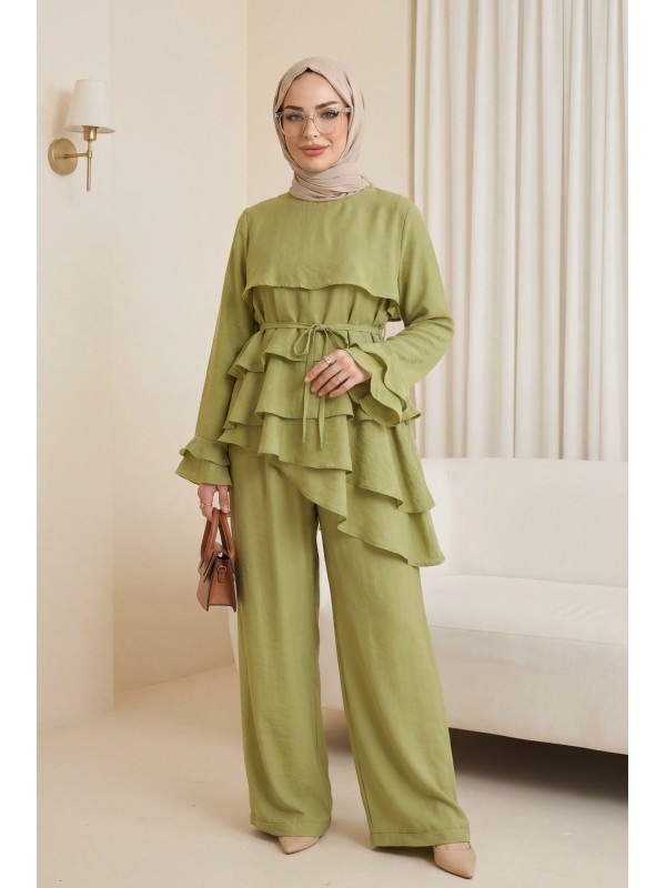 Asimetrik Kat Detaylı Bağcıklı Pantolonu Astarlı Cupra Takım  -A.Yeşil