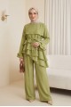 Asimetrik Kat Detaylı Bağcıklı Pantolonu Astarlı Cupra Takım  -A.Yeşil