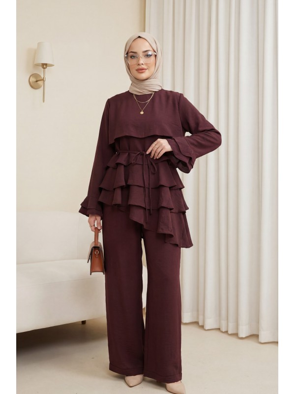 Asimetrik Kat Detaylı Bağcıklı Pantolonu Astarlı Cupra Takım  -Bordo