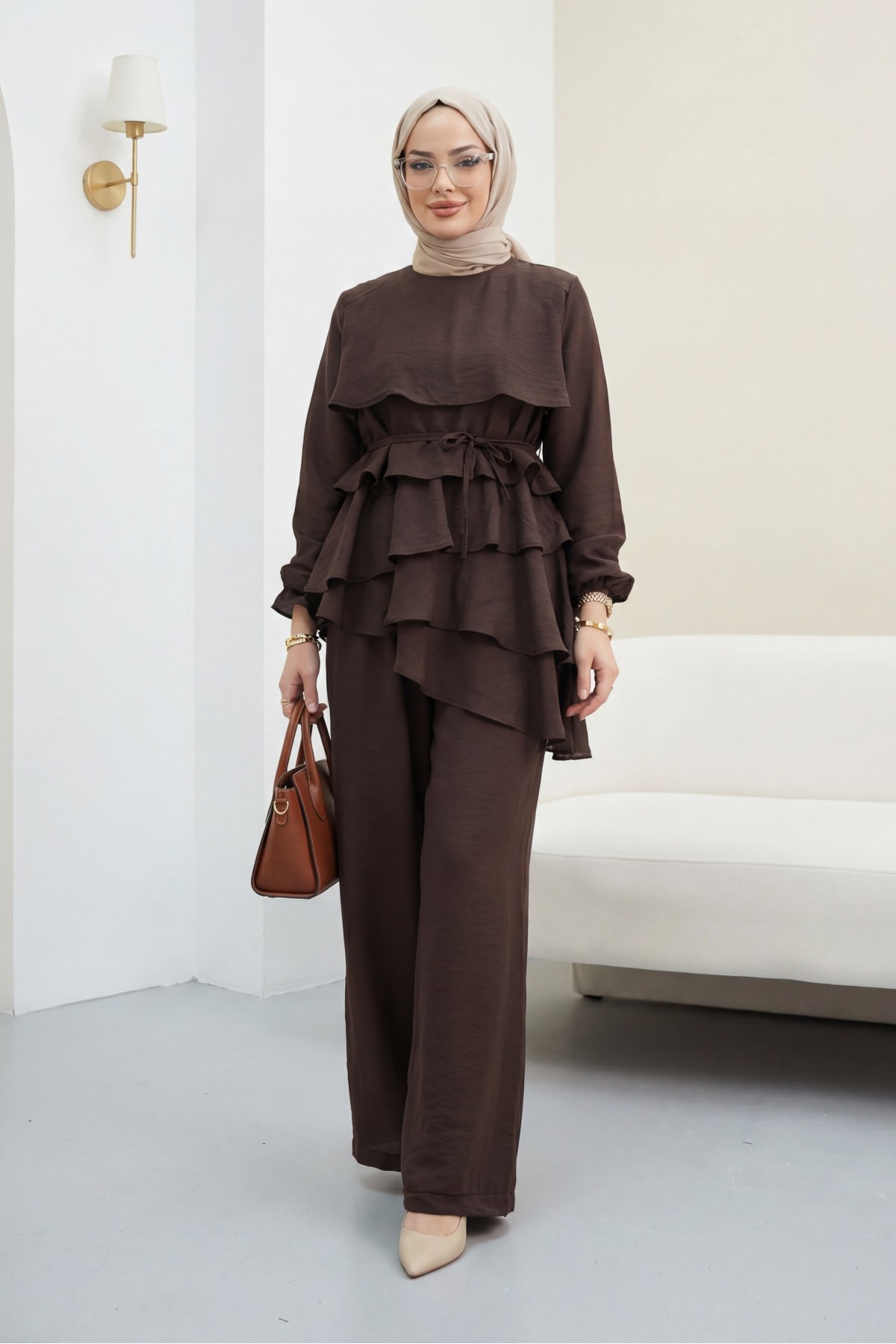 Asimetrik Kat Detaylı Bağcıklı Pantolonu Astarlı Cupra Takım  -Kahve
