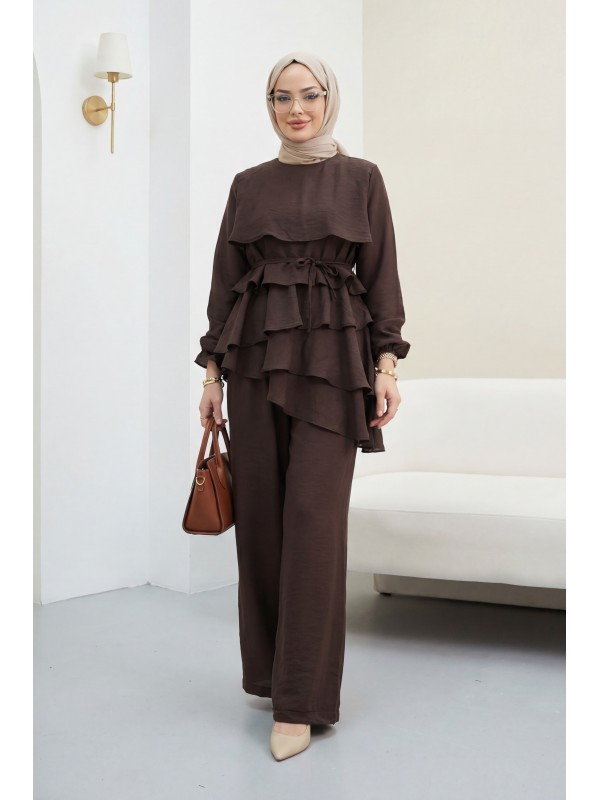 Asimetrik Kat Detaylı Bağcıklı Pantolonu Astarlı Cupra Takım  -Kahve