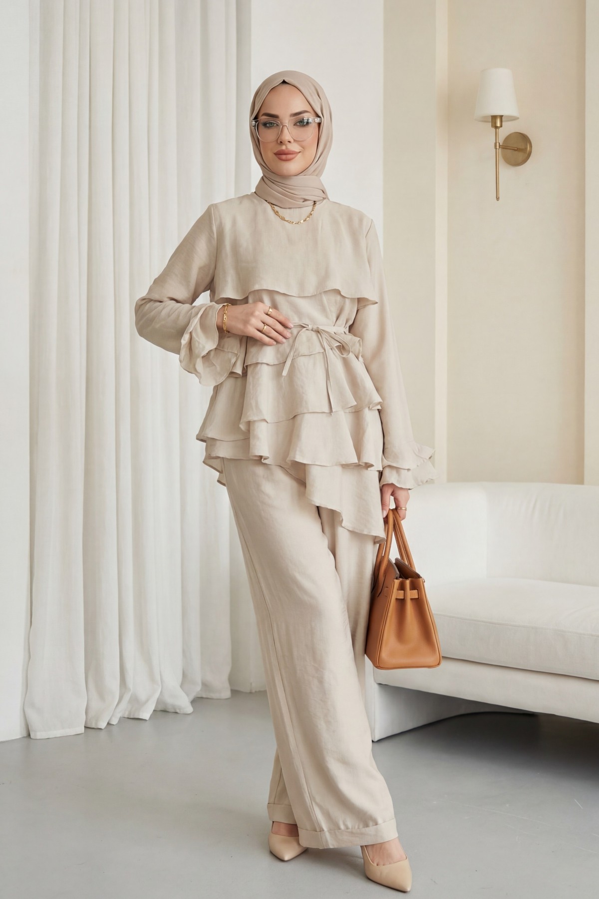 Asimetrik Kat Detaylı Bağcıklı Pantolonu Astarlı Cupra Takım  -Taş