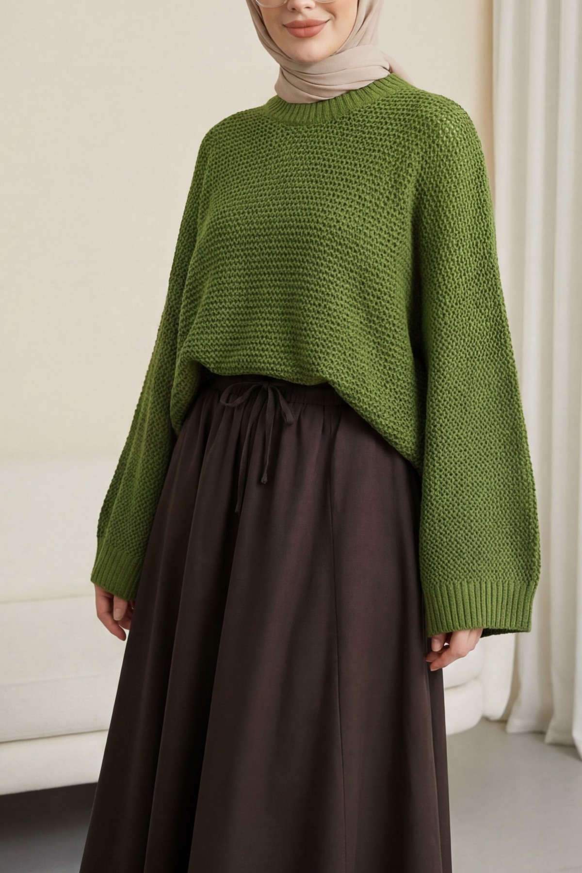 Yarasa Kol Ajurlu Triko Kazak -F.Yeşili