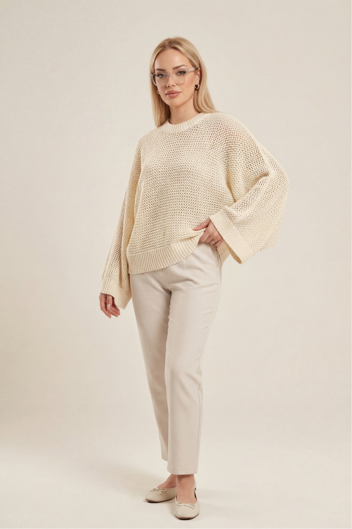 Yarasa Kol Ajurlu Triko Kazak -Krem