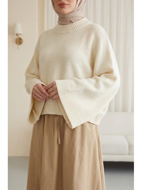 Yarım Boğazlı Yarasa Kol Etek Üstü Triko Kazak  -Krem