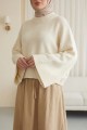 Yarım Boğazlı Yarasa Kol Etek Üstü Triko Kazak  -Krem
