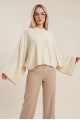 Yarım Boğazlı Yarasa Kol Etek Üstü Triko Kazak  -Krem
