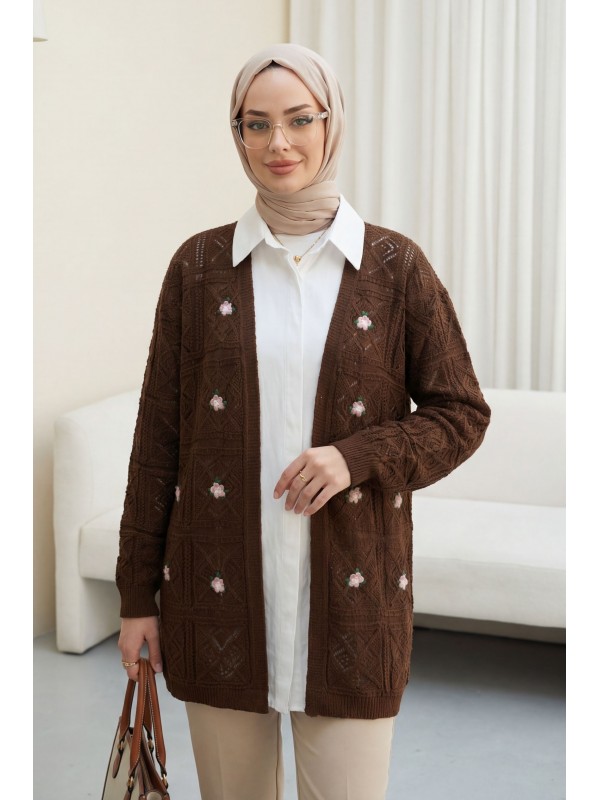 Ajurlu Nakışlı Hırka     -Açık Kahve