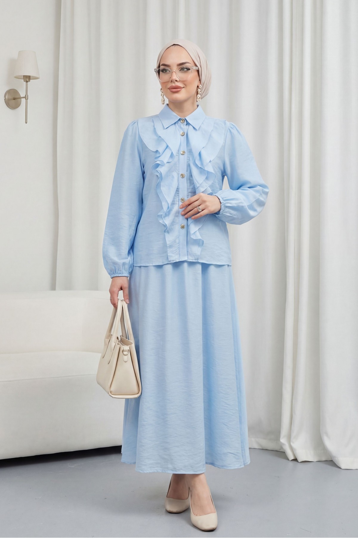 Önü Fırfırlı Kolu Lastikli Eteği Astarlı Çilek Takım  -Bebe Mavi