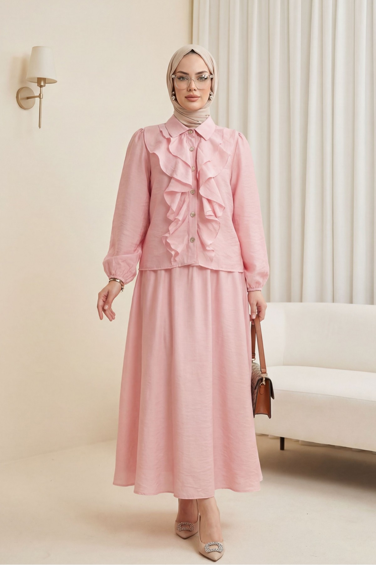 Önü Fırfırlı Kolu Lastikli Eteği Astarlı Çilek Takım  -Pudra