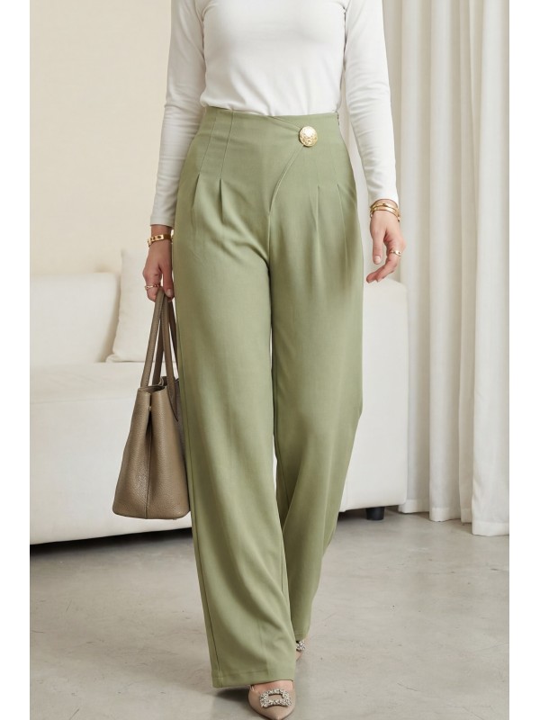 Yandan Fermuarlı Broşlu Katlama Detaylı Bol Paça Krep Pantolon  -Çağla Y.