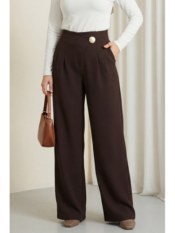 Yandan Fermuarlı Broşlu Katlama Detaylı Bol Paça Krep Pantolon  -K. Kahve
