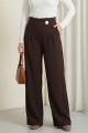 Yandan Fermuarlı Broşlu Katlama Detaylı Bol Paça Krep Pantolon  -K. Kahve