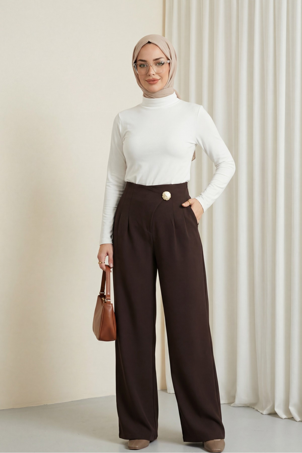 Yandan Fermuarlı Broşlu Katlama Detaylı Bol Paça Krep Pantolon  -K. Kahve