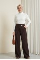 Yandan Fermuarlı Broşlu Katlama Detaylı Bol Paça Krep Pantolon  -K. Kahve