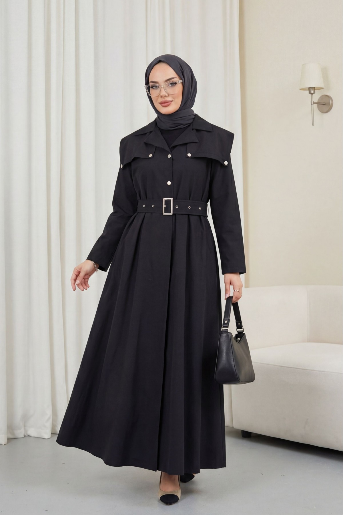 Yarım Düğmeli Yakalı Yan Cepli Kemerli Pamuk Saten Elbise  -Siyah