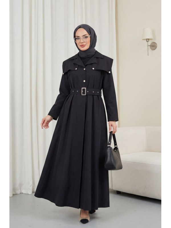 Yarım Düğmeli Yakalı Yan Cepli Kemerli Pamuk Saten Elbise  -Siyah