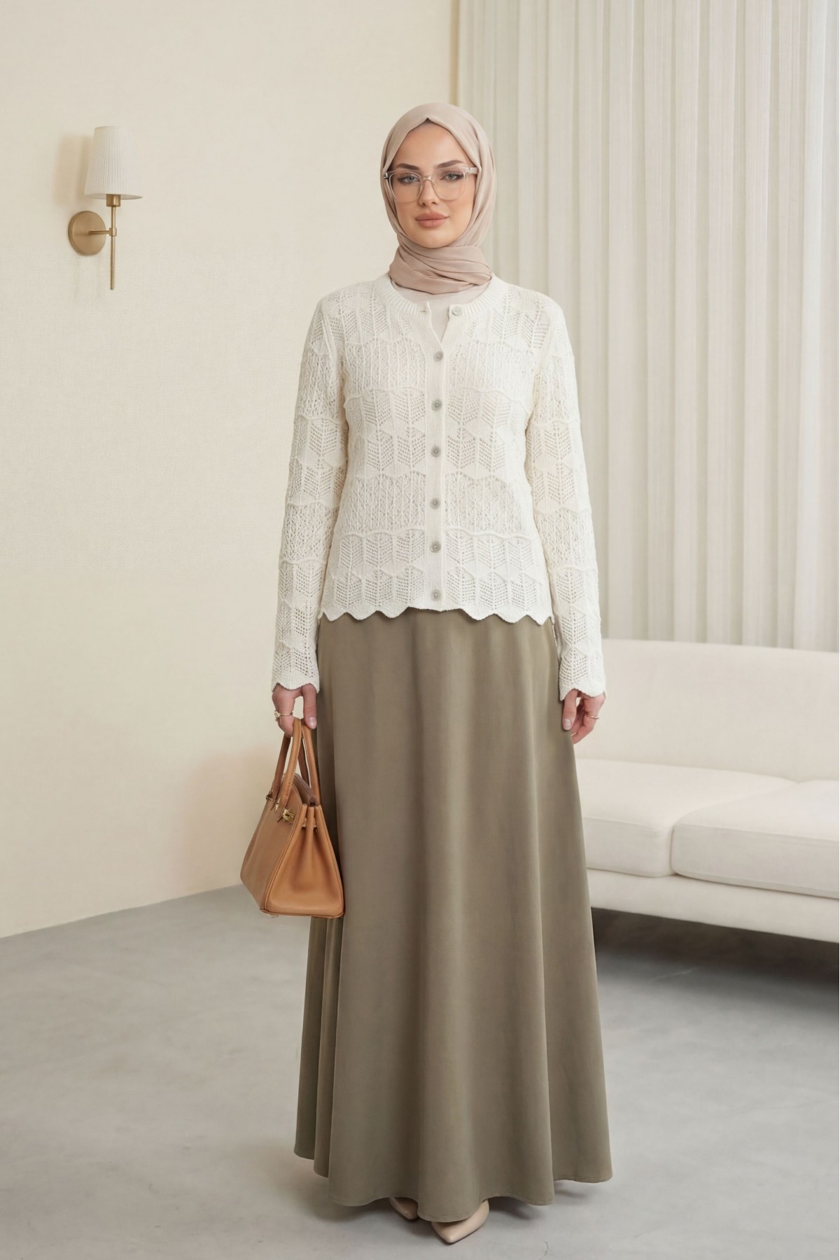 Düğmeli Ajurlu Pamuk Triko Hırka -Ekru