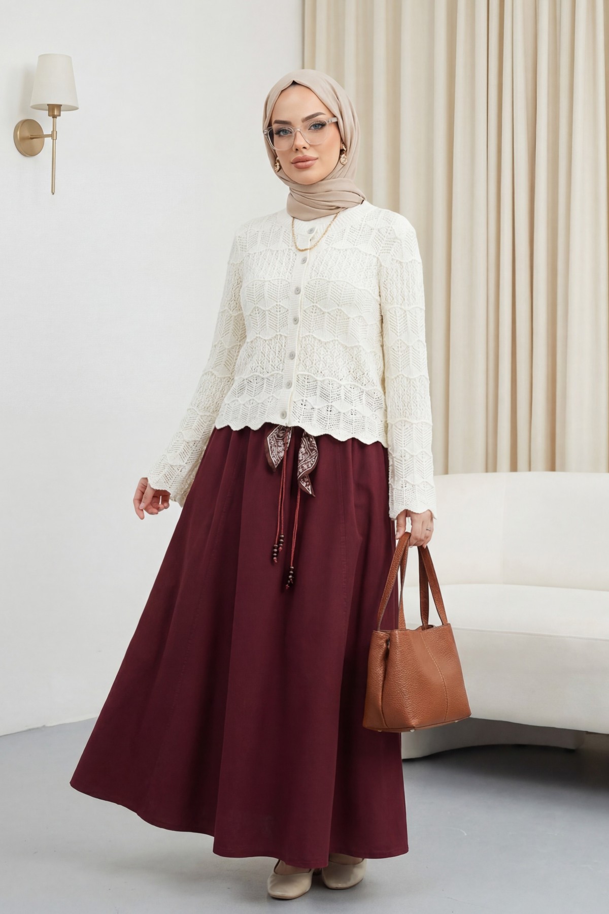 Düğmeli Ajurlu Pamuk Triko Hırka -Ekru