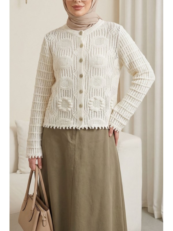 Oval Desen Ajurlu Düğmeli Triko Hırka -Ekru