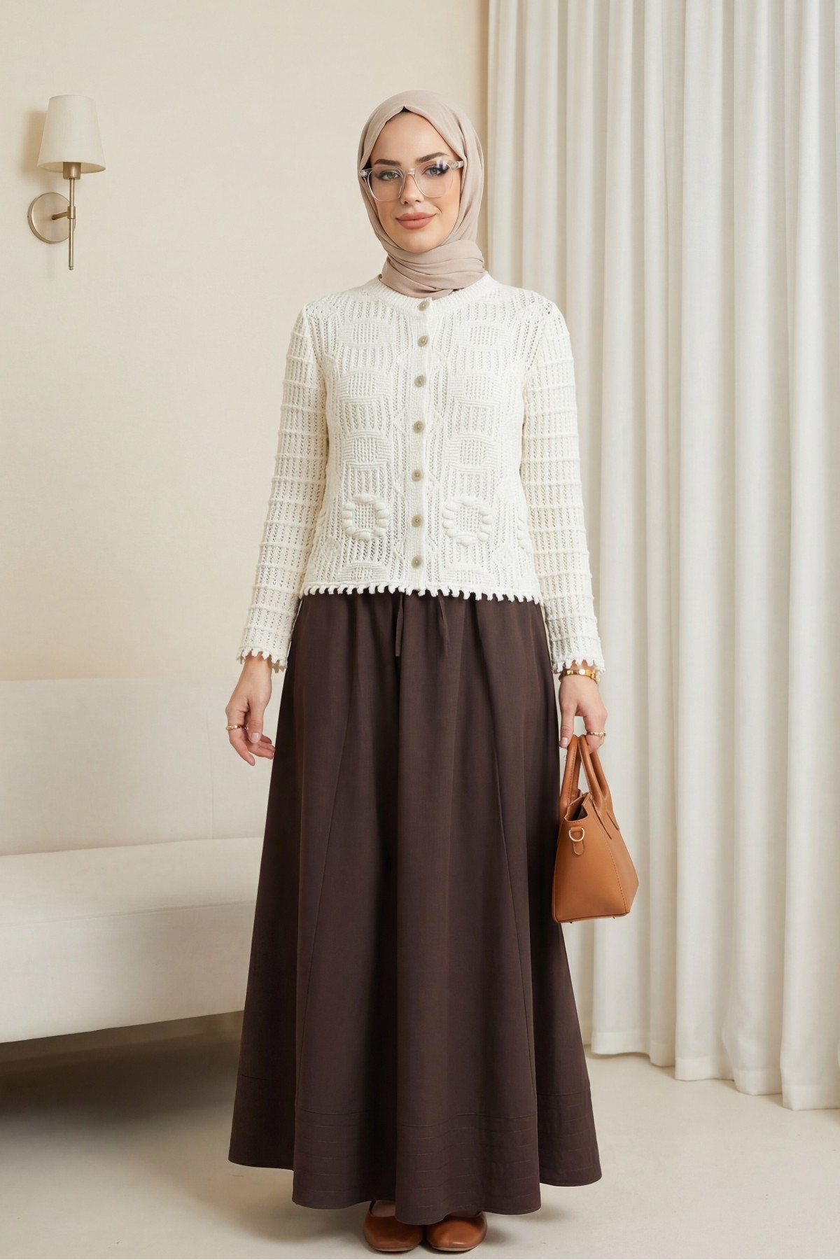 Oval Desen Ajurlu Düğmeli Triko Hırka -Ekru