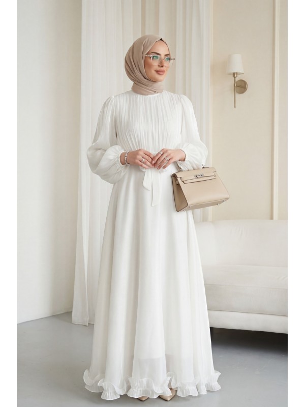 Eteği Volanlı Kemerli Janjan Şifon Elbise  -Beyaz