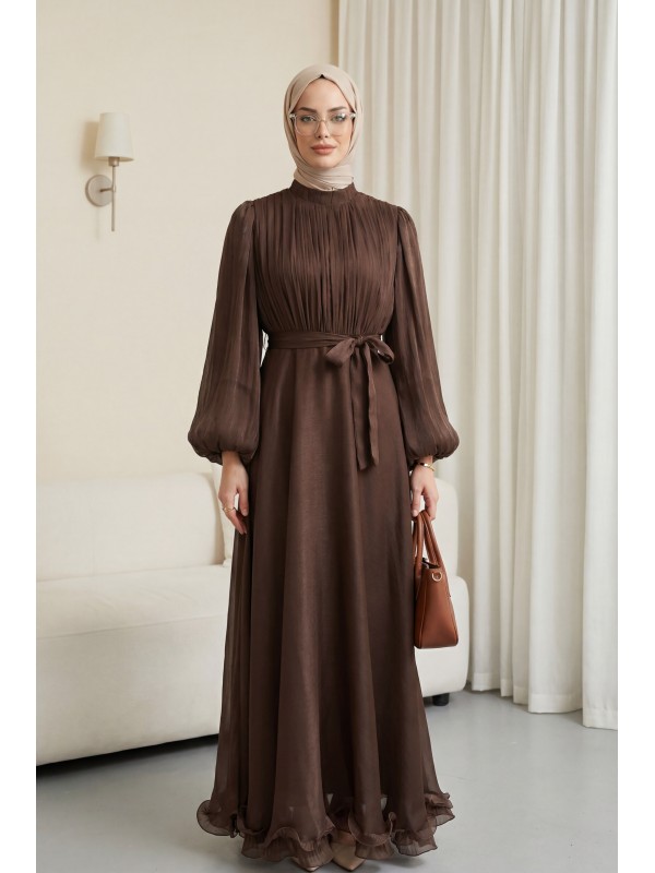 Eteği Volanlı Kemerli Janjan Şifon Elbise  -Kahve