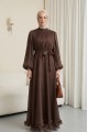 Eteği Volanlı Kemerli Janjan Şifon Elbise  -Kahve