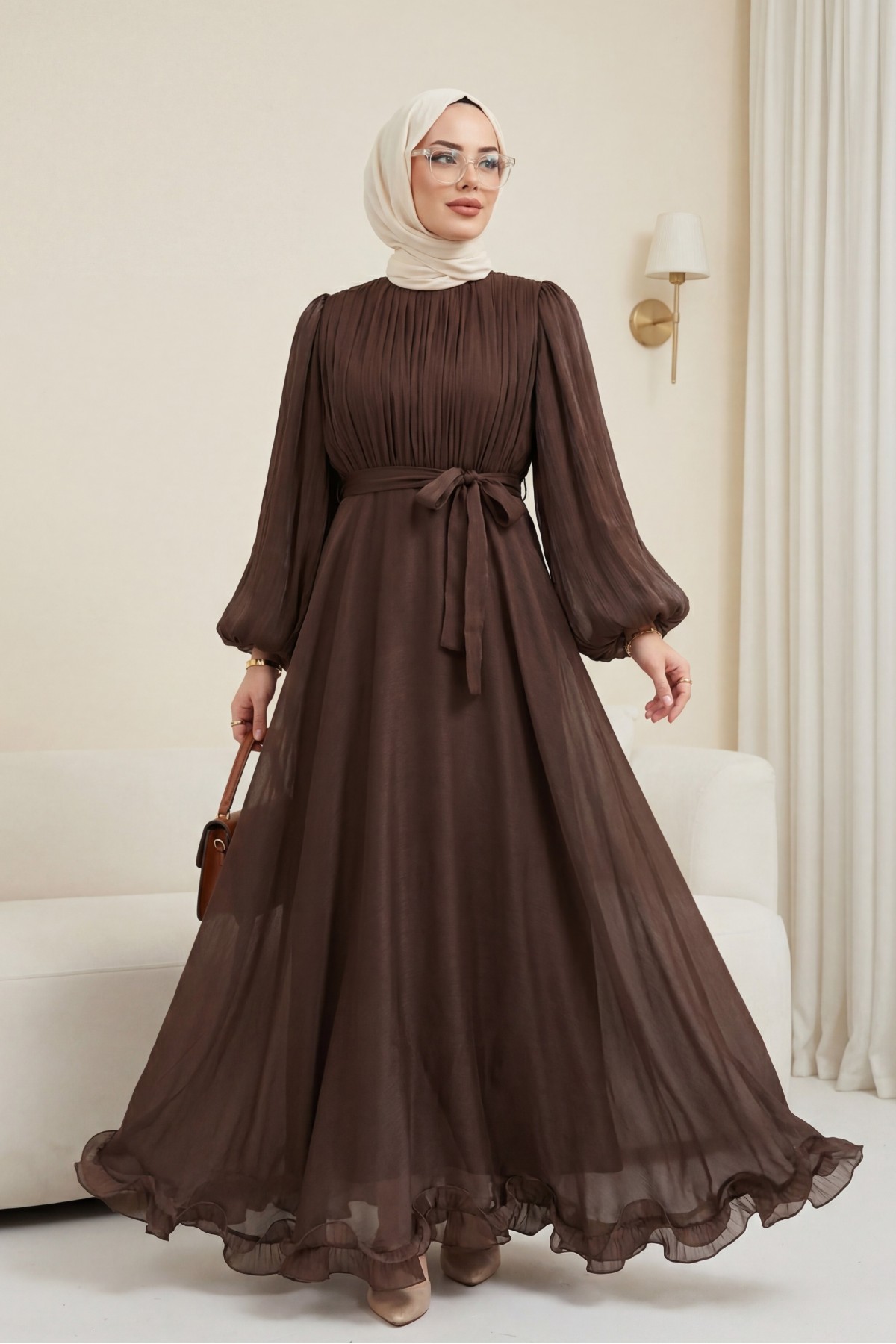 Eteği Volanlı Kemerli Janjan Şifon Elbise  -Kahve