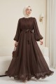 Eteği Volanlı Kemerli Janjan Şifon Elbise  -Kahve