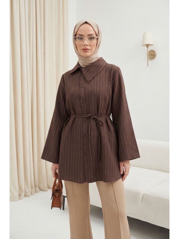 Yandan Yakalı Boydan Düğmeli Çizgili Bağcıklı Krinkıl Gömlek -Kahve