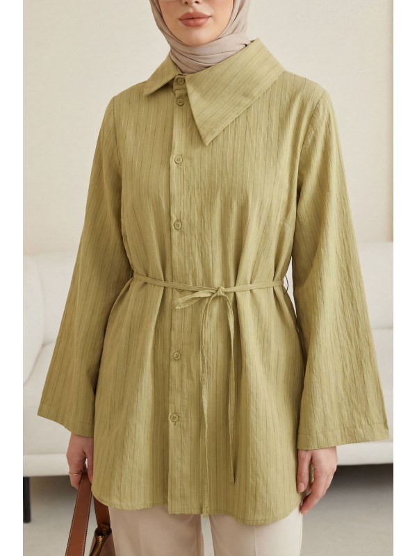 Yandan Yakalı Boydan Düğmeli Çizgili Bağcıklı Krinkıl Gömlek -Yağ Yeşili