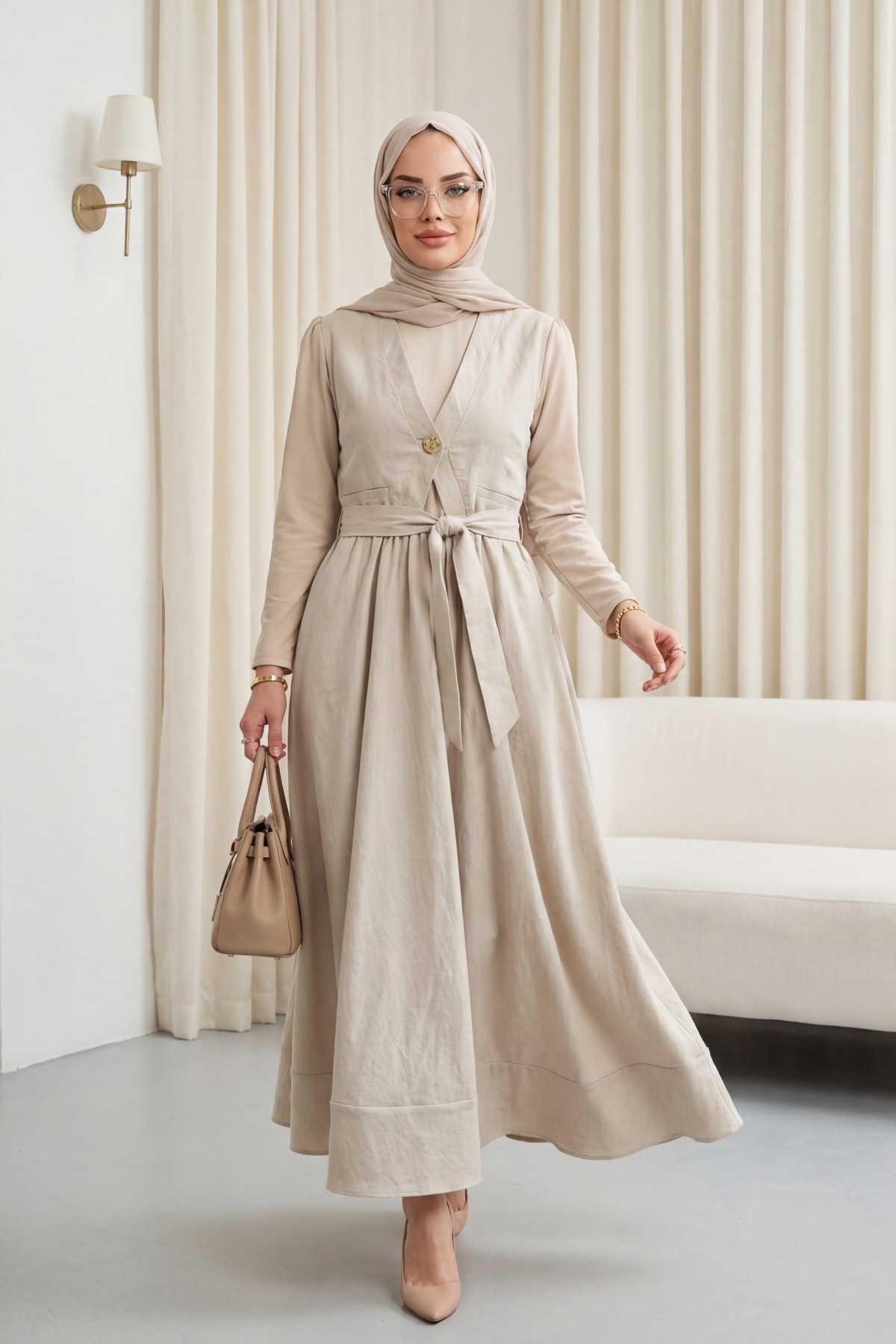 Beli Bağlamalı Lastikli Yelek Detaylı Cupra Elbise -Bej