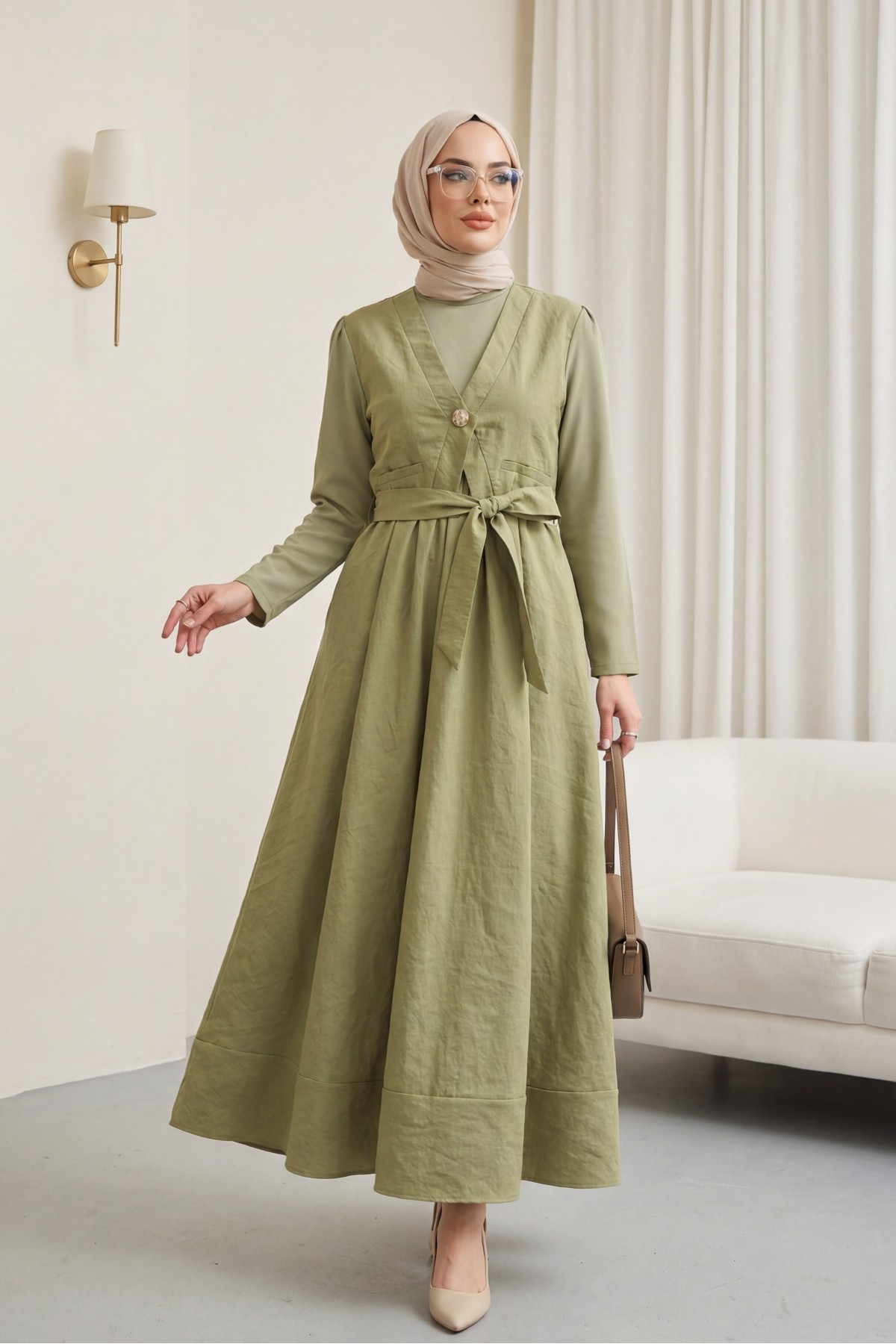 Beli Bağlamalı Lastikli Yelek Detaylı Cupra Elbise -Çağla Y.