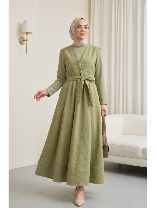 Beli Bağlamalı Lastikli Yelek Detaylı Cupra Elbise -Çağla Y.