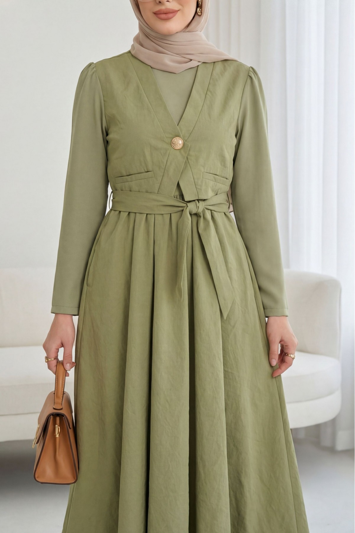 Beli Bağlamalı Lastikli Yelek Detaylı Cupra Elbise -Çağla Y.