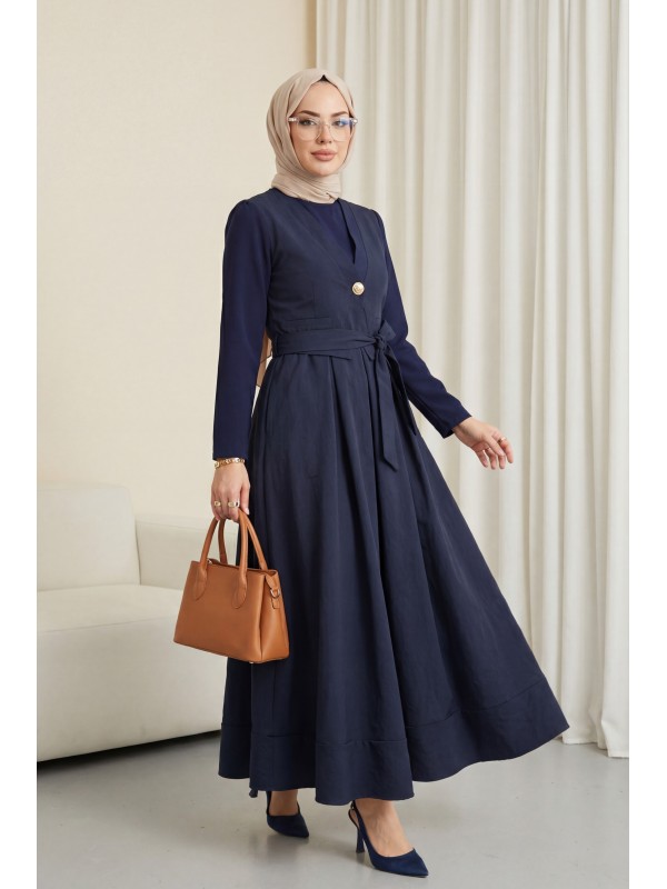 Beli Bağlamalı Lastikli Yelek Detaylı Cupra Elbise -Laci