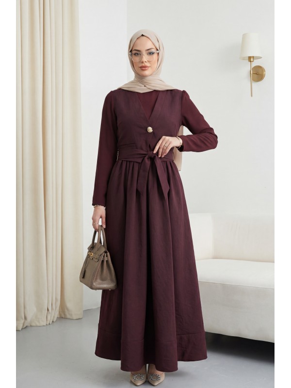 Beli Bağlamalı Lastikli Yelek Detaylı Cupra Elbise -Mürdüm